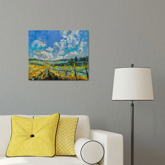 Fields - Yellow mood, 50*60 cm, impasto impressionistic landscape oil painting in yellow and blue colours