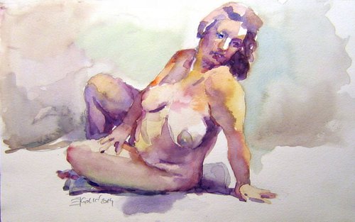 nude sitting on the floor by Goran Žigolić Watercolors