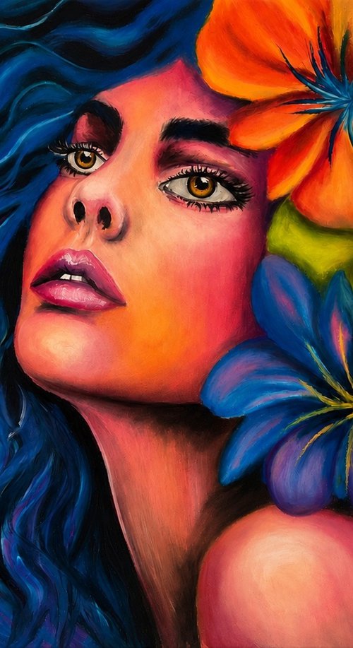 Surreal Floral Goddess - Oil Pastel Portrait by Helga Wild