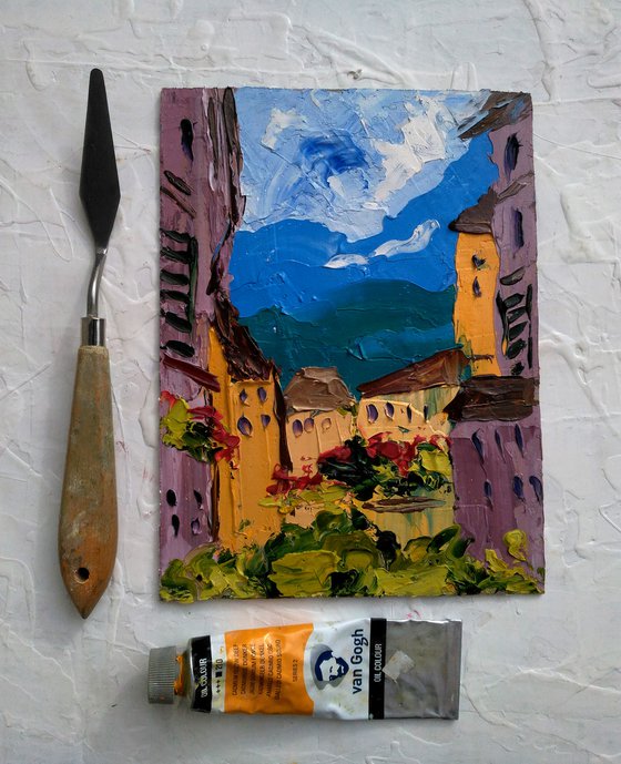 Italy Painting Cityscape Original Art Castle Small Oil Impasto Artwork Old City Home Wall Art 6 by 8" by Halyna Kirichenko