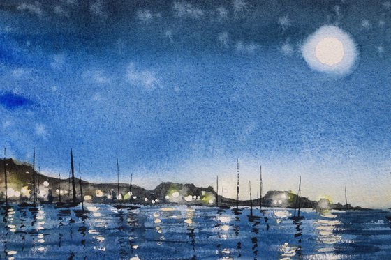 Night seascape with yachts. Original watercolor artwork.