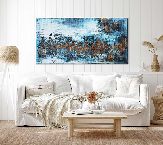 MARIN * 63" x 31.5" * ACRYLIC PAINTING ON CANVAS * WHITE * BLUE * GOLD