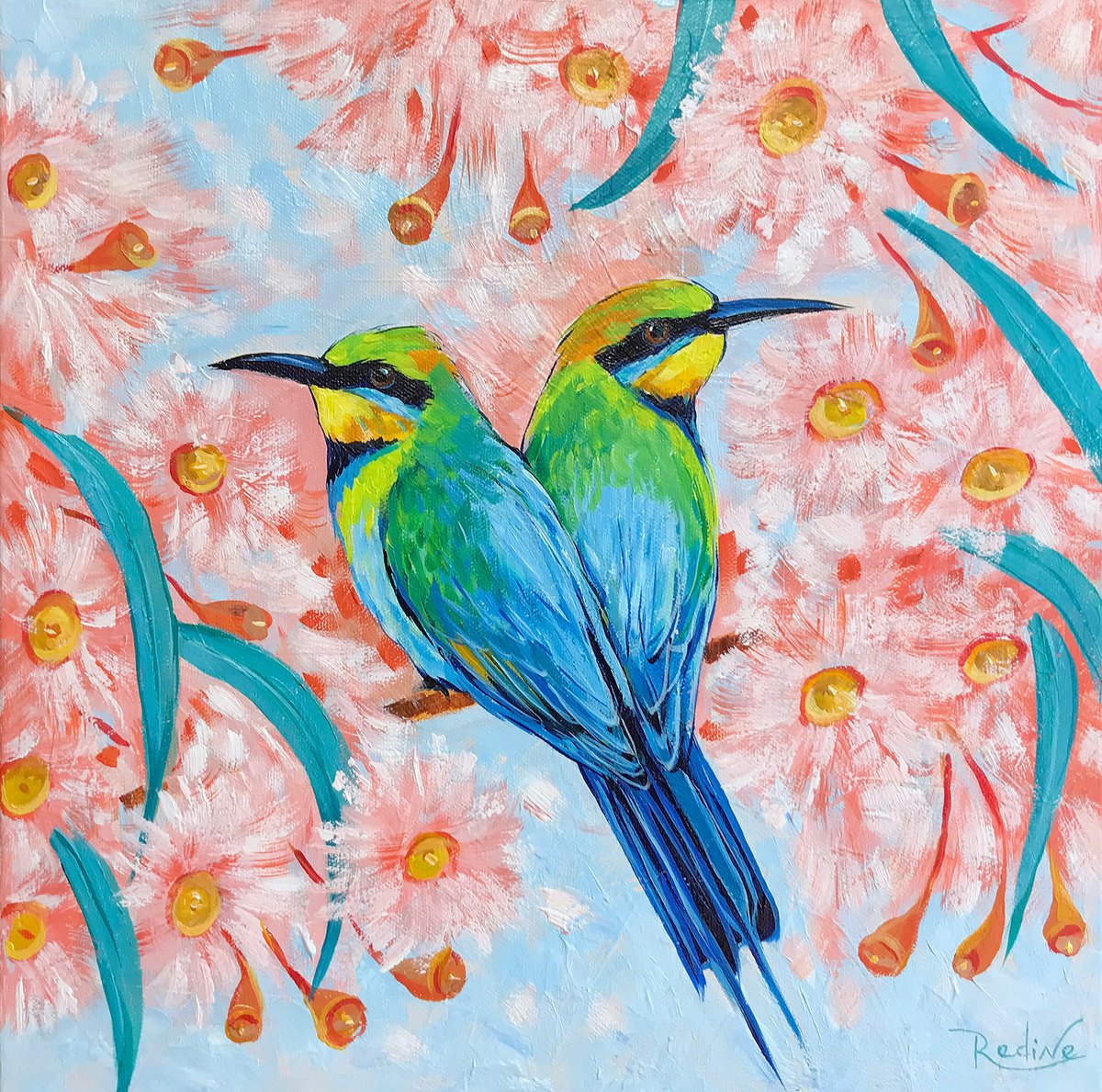 Impressionistic Animal Acrylic Painting By Irina Redine, 14 X 14, Rainbow Bee-Eaters, Original Artwork