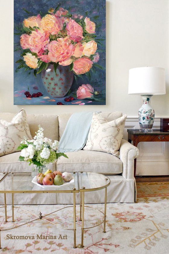 CORAL PEONIES IN A VASE - Still life. Delicate peonies. Unusual flowers. Blooming buds. Pastel shades. Luxurious. Peach.