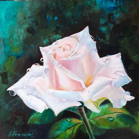 "Tears of a rose."  rose flower  liGHt original painting PALETTE KNIFE  GIFT (2020)