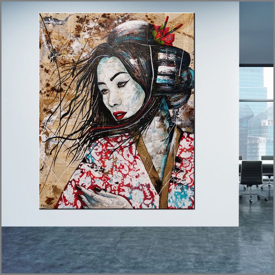 Cherry Pop Geisha 120cm x 150cm Geisha Abstract Realism Art