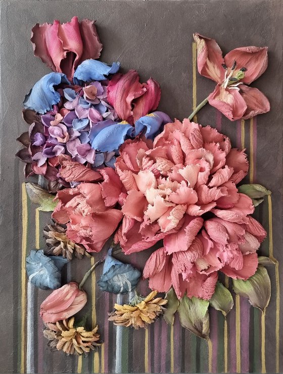 The Puppet Theater - beautiful bouquet of burgundy, maroon and blue flowers tulips, peonies, irises, hydrangea, other flowers, colored lines.