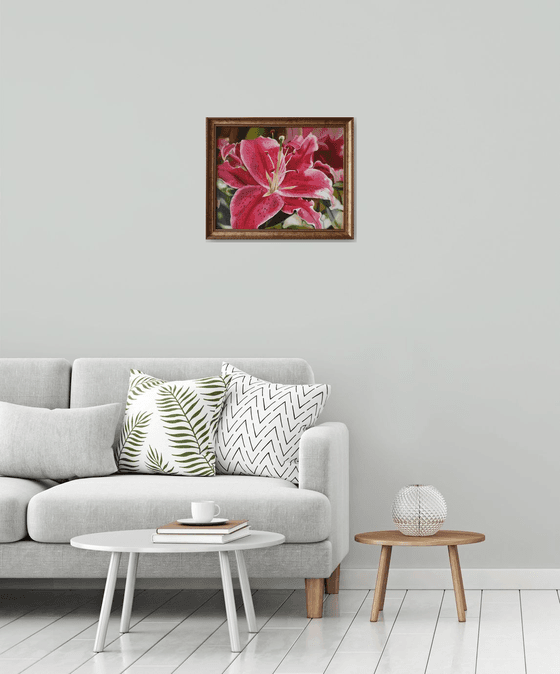 "Oh, lily ..."  pink red flower lily liGHt original painting  GIFT (2021)