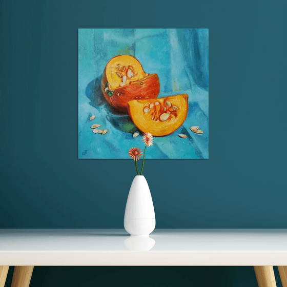 "Solar pumpkin. " still life  liGHt original painting PALETTE KNIFE  GIFT (2022)