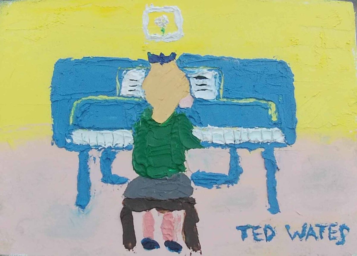 Naive Portrait Oil Painting By Ted Wates, 7 X 5", Playing The Joanna, Original Artwork