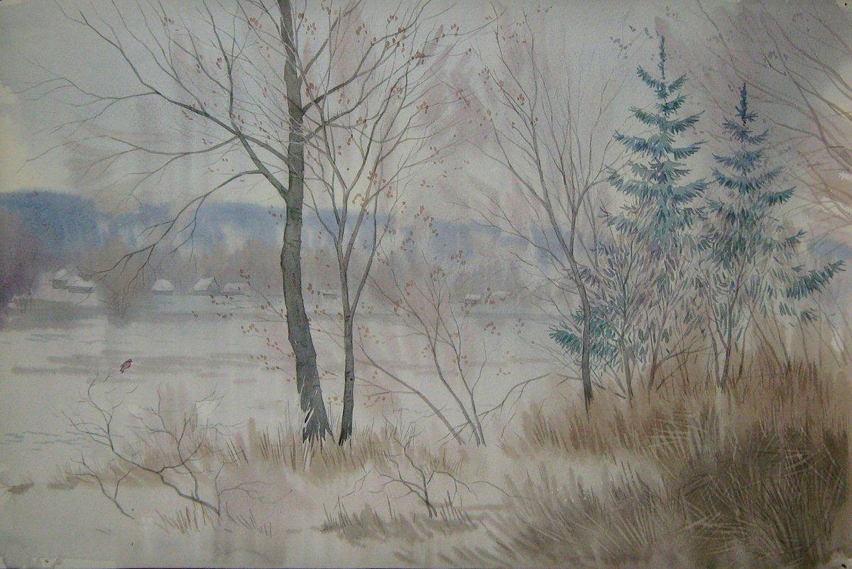 Impressionistic Landscape Watercolour By Valeriy Savenets-1, 24 X 16", Snow, Original Artwork