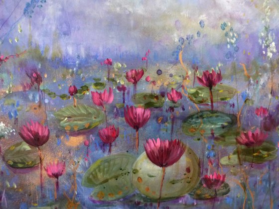 The sacred blooms 70 x70 cm. Impressionist landscape with water lilies