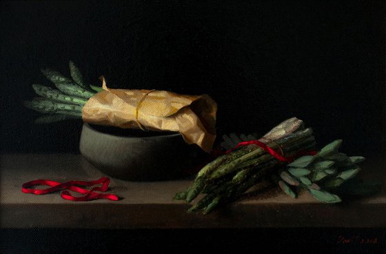 Asparagus , 20x30cm, oil on canvas, original still life 2018