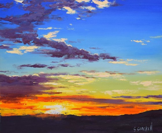 blue and orange sunset painting