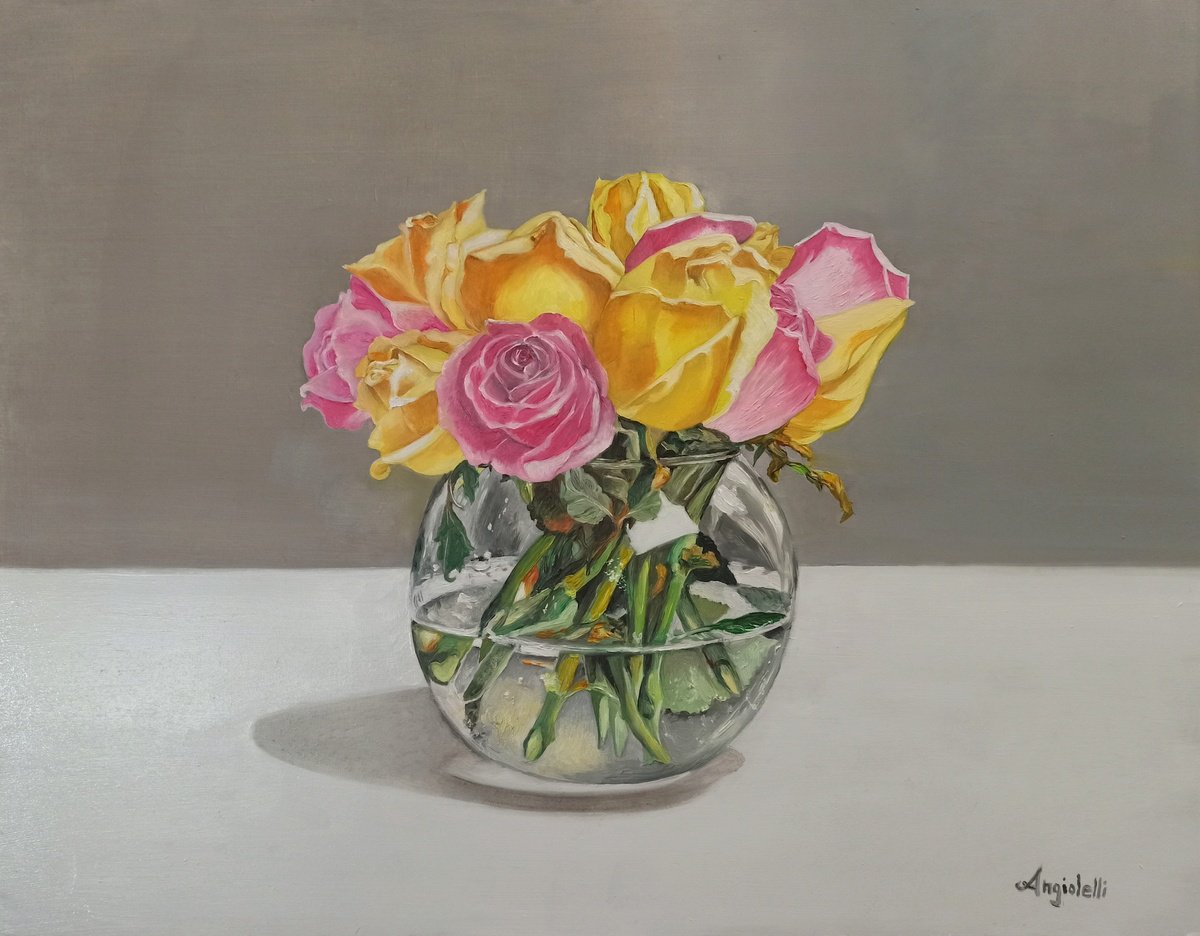 Photorealistic Still Life Oil Painting By Anna Rita Angiolelli, 18 X 14, Still Life With Roses, Original Artwork