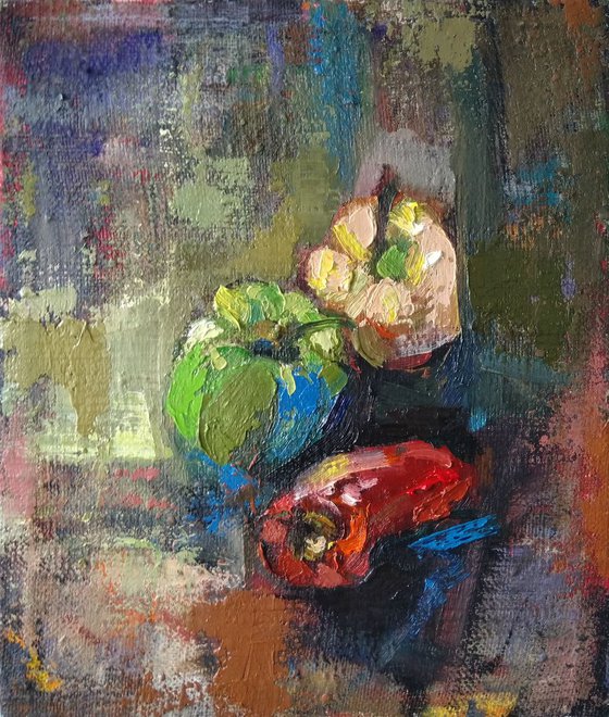 Peppers-Still life(30x35cm, oil painting, ready to hang)