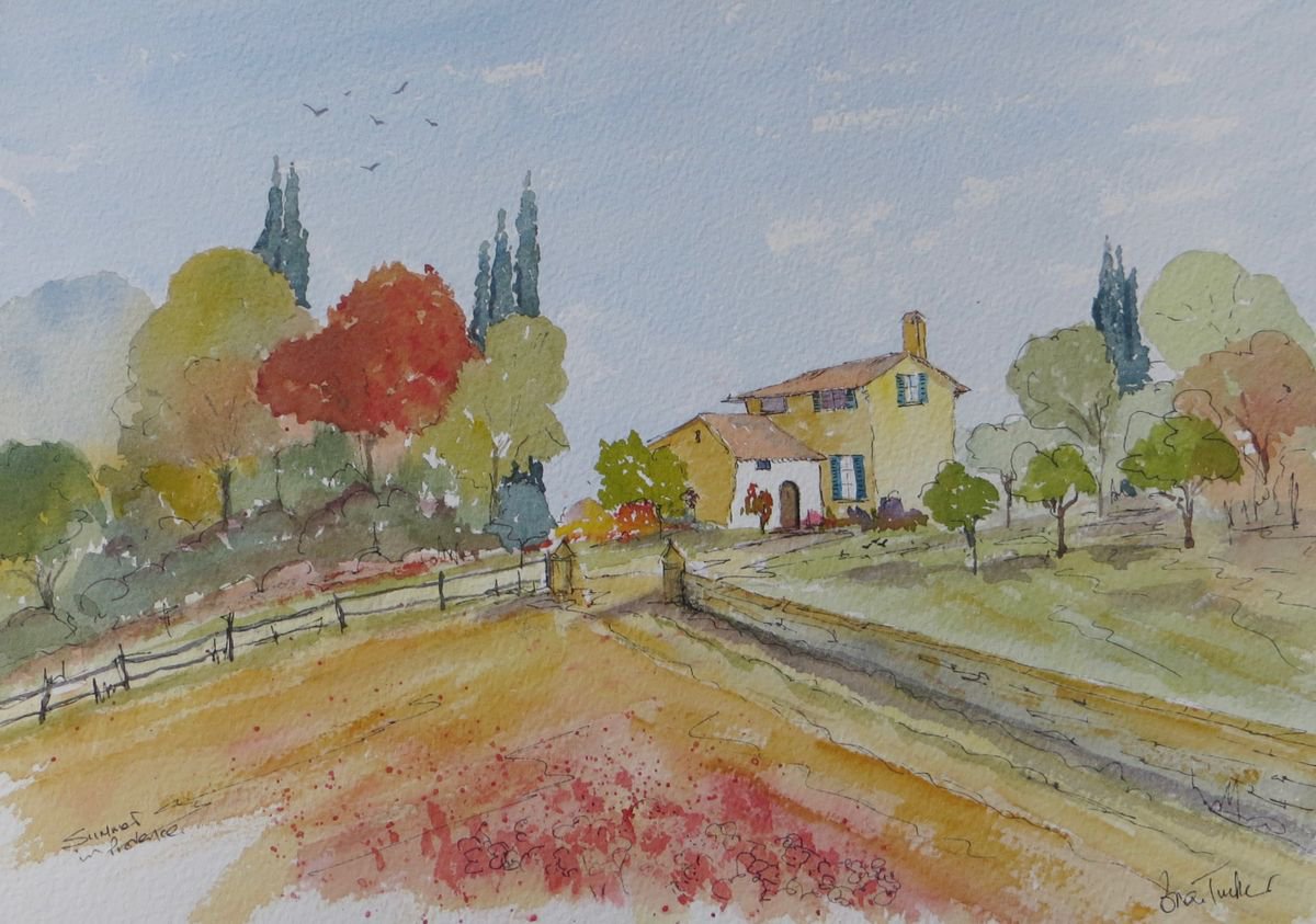 Impressionistic Landscape Watercolour By Brian Tucker, 14 X 10, Farm In Provence, Original Artwork