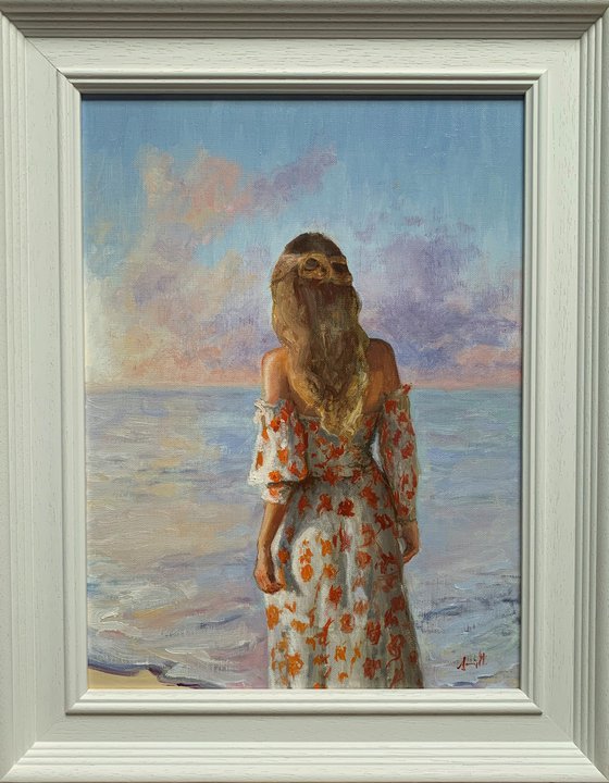 Impressionist beach female figure oil painting. 30x40cm