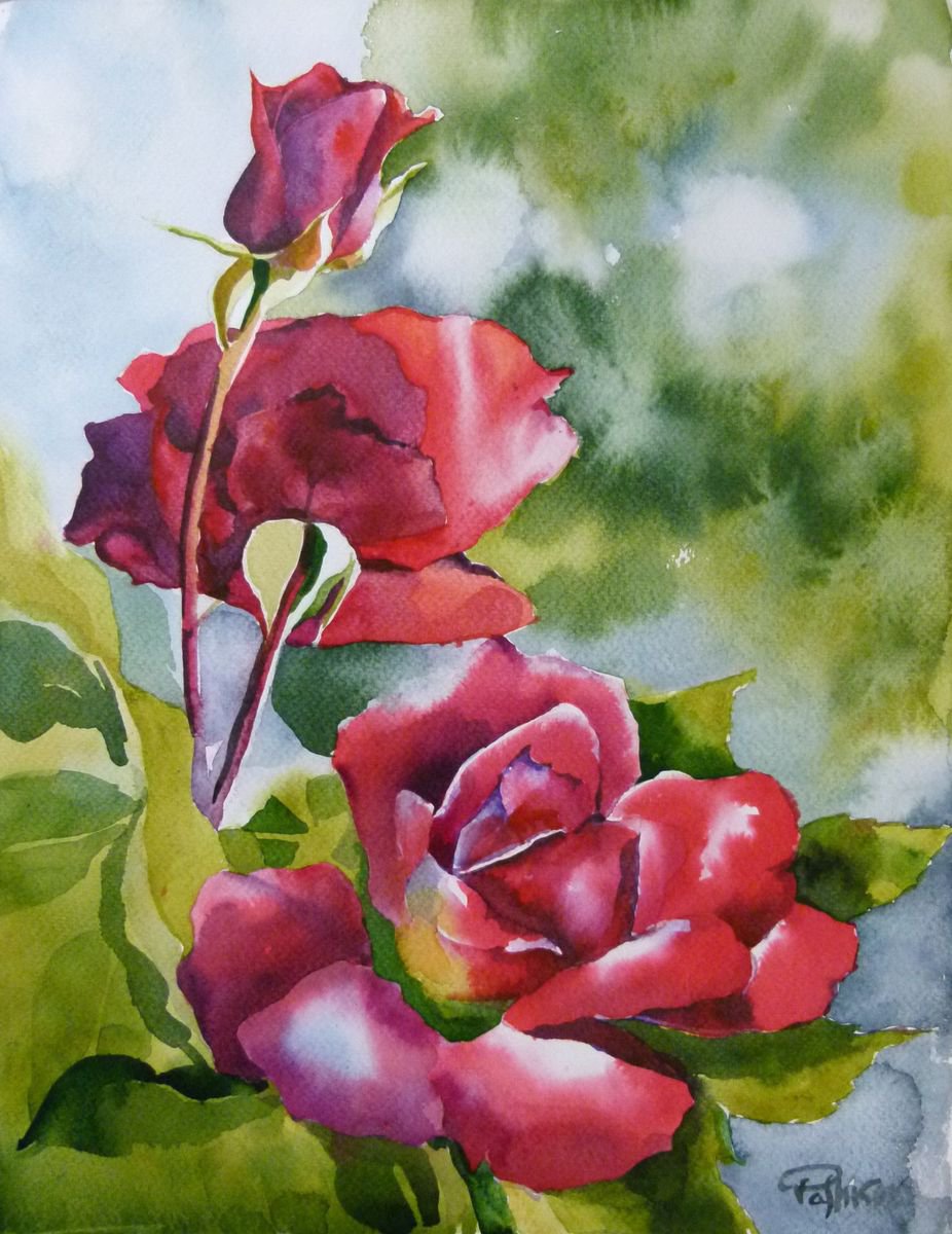 Impressionistic Watercolour , Red Roses#3 By Yurii Pashkov, 12 X 16, Artwork For Sale On Artfinder