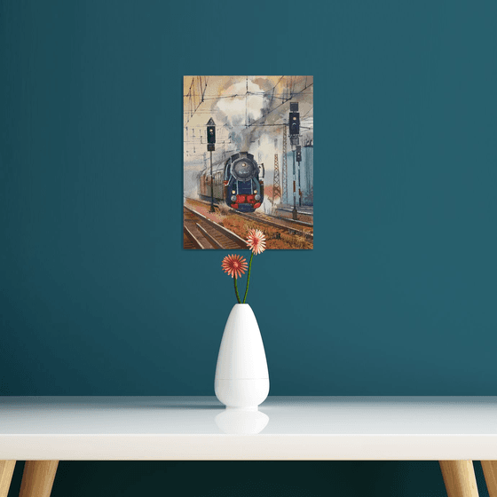 Old train. Locomotive and railway, painting