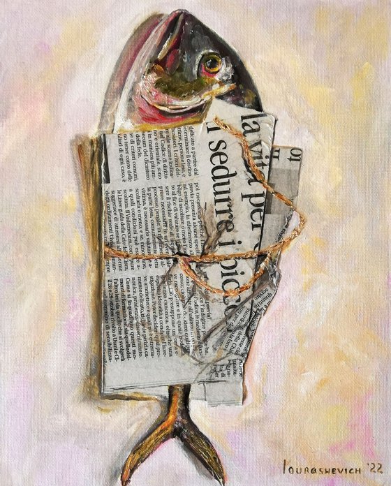 "Fish wrapped in a Newspaper Bag" Original Oil on Canvas Board Painting 12 by 10" (30x25cm)