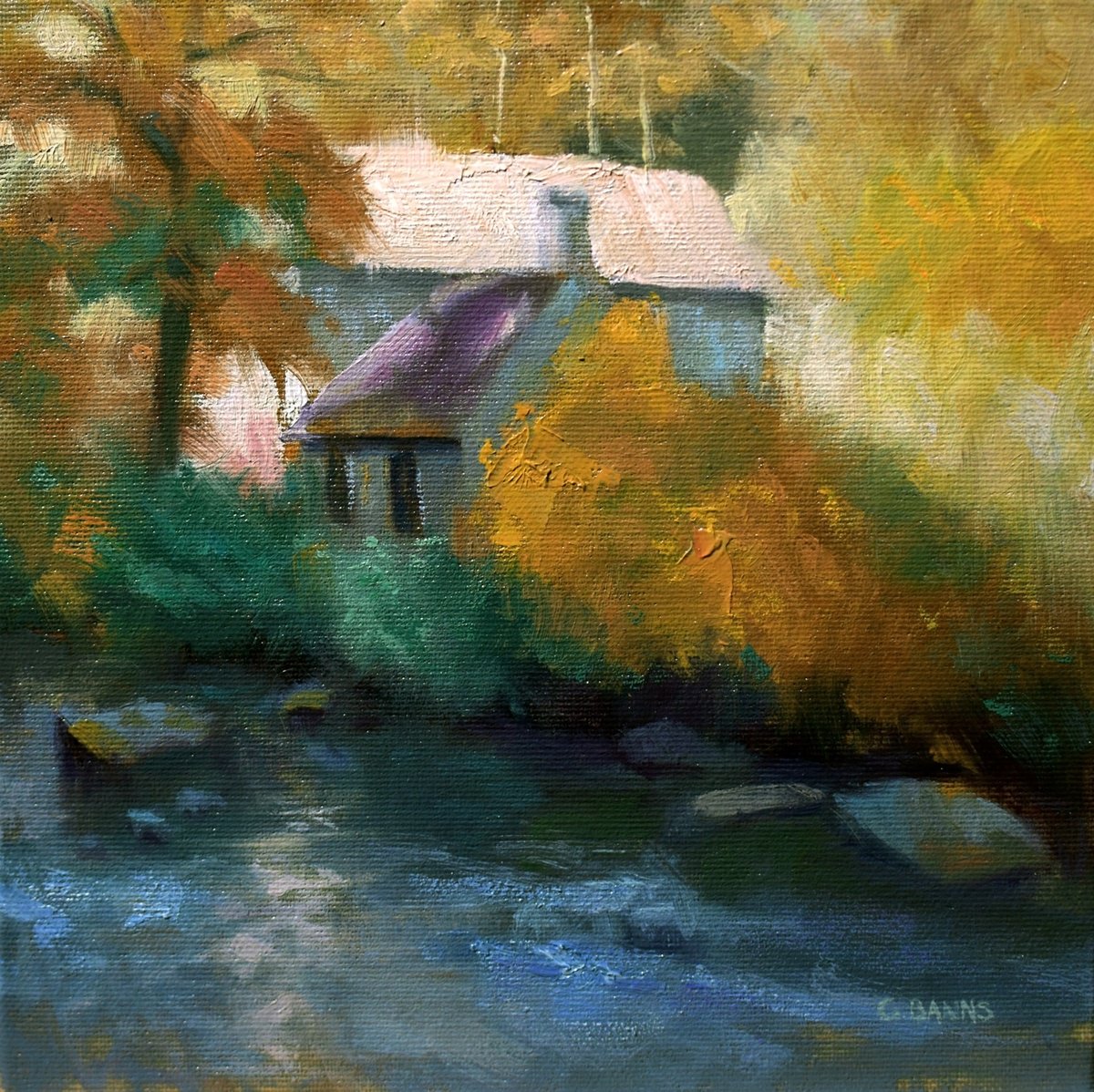Impressionistic Landscape Oil Painting By Gav Banns, 8 X 8, Crozant River Valley The Fall, Original Artwork