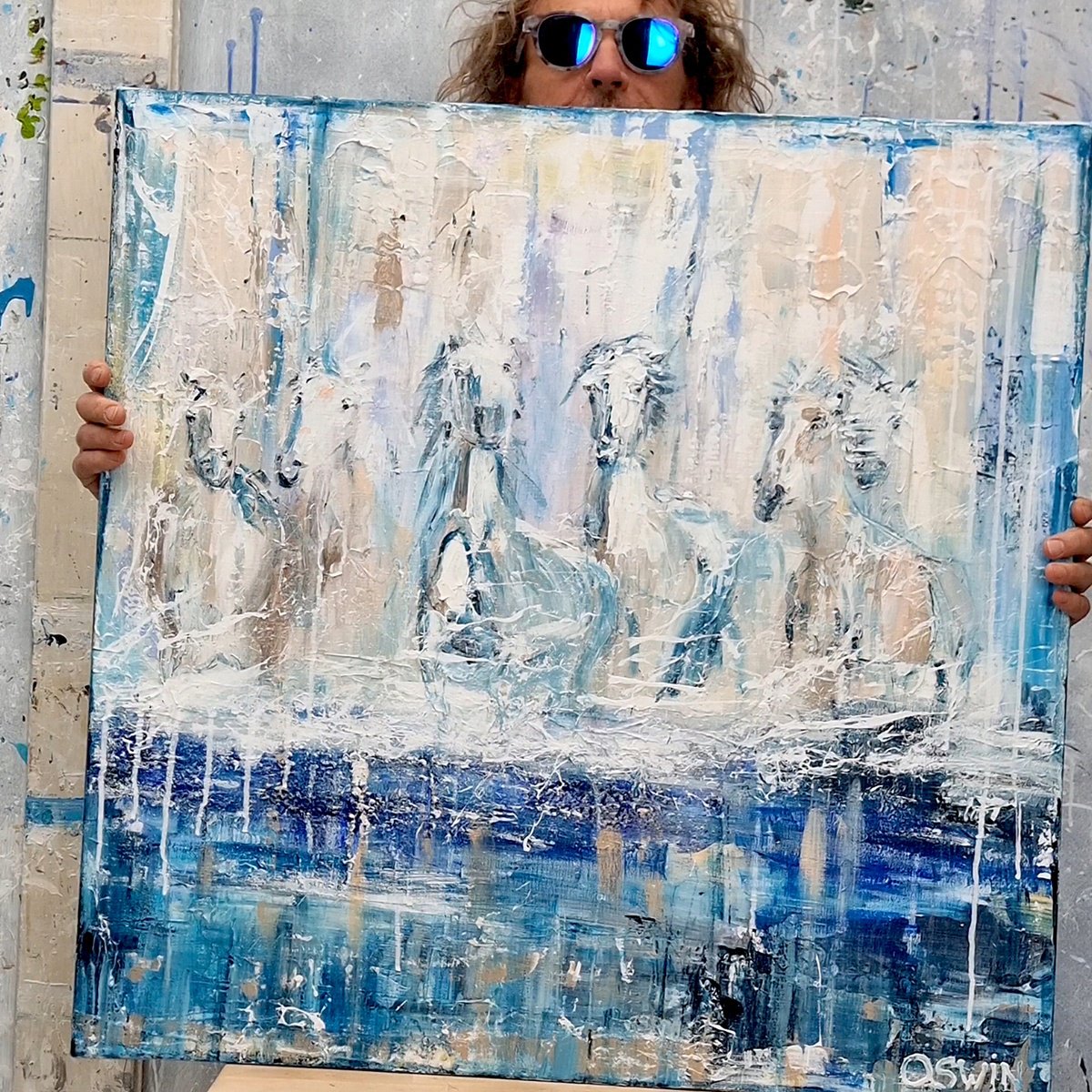 Expressive Landscape Acrylic Painting By Oswin Gesselli, 31 X 31", Wild Horses 2024, Original Artwork