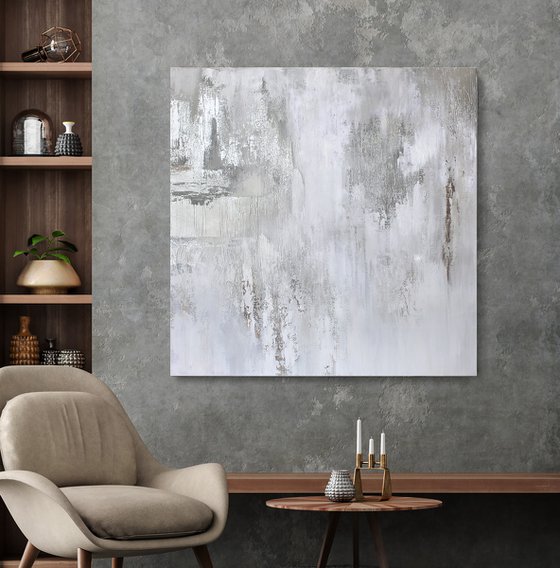 "Silver Cascade 6" Abstract white silver art