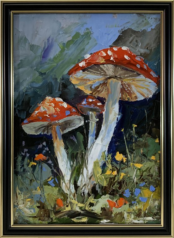 Fly agaric.Mushrooms landscape