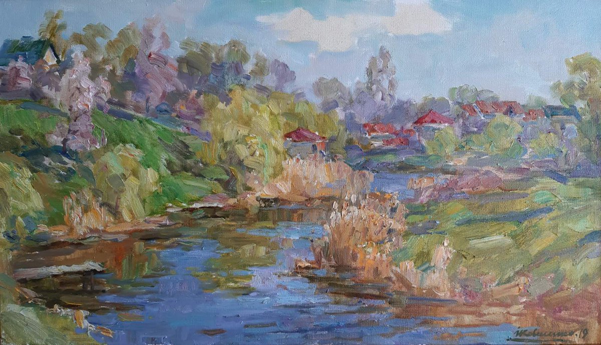 Impressionistic Landscape Oil Painting By Ivan Kovalenko, 28 X 16, The River Flows Through The City, Original Artwork