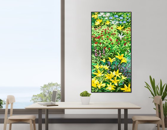 Large abstract flowers painting on canvas, garden floral