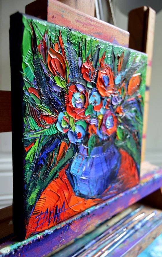 Abstract Bouquet On Vermilion Table - Modern impressionist Impasto Palette Knife Oil Painting on canvas