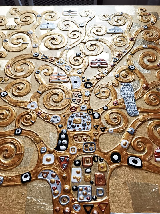 Tree of life. Large relief golden horizontal painting