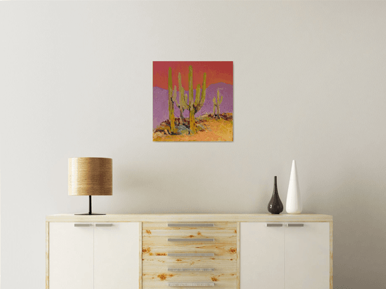Saguaros Under a Coral Sky