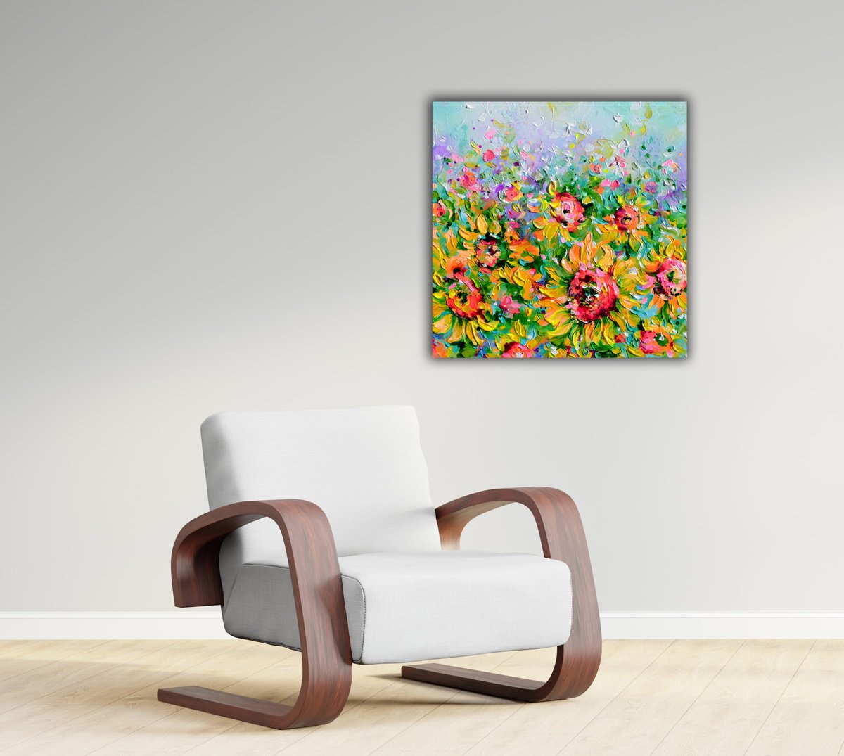 Impressionistic Botanical Acrylic Painting By Soos Roxana Gabriela, 16 X 16", Yellow Sunflower Field 8, Original Artwork