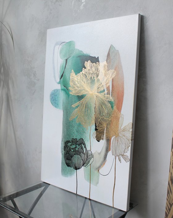"Green Thincord" Green gold flowers art