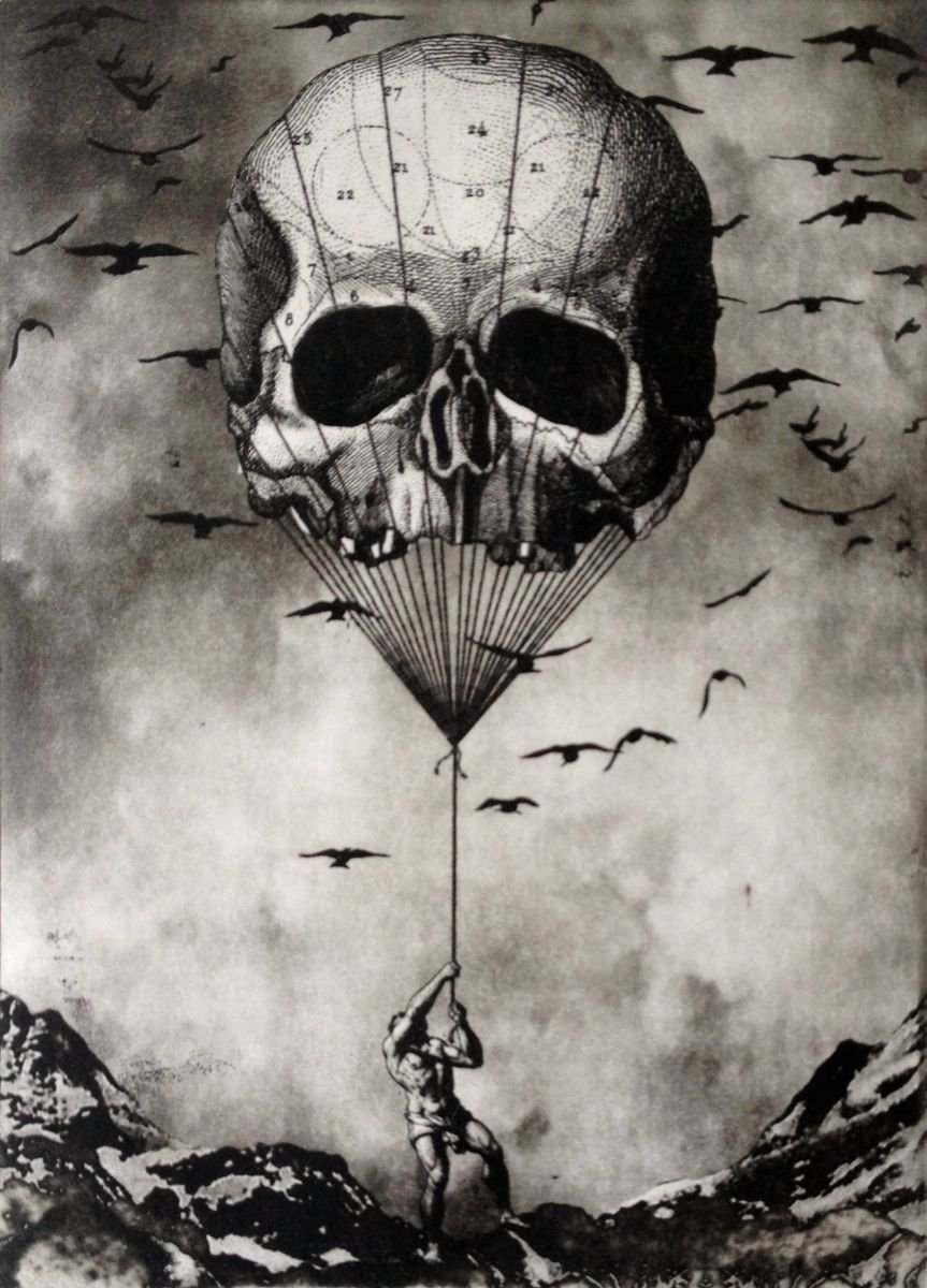 Surrealistic Portrait Etchings & Engravings By Jaco Putker, 8 X 11, The Man And The Balloon, Original Artwork