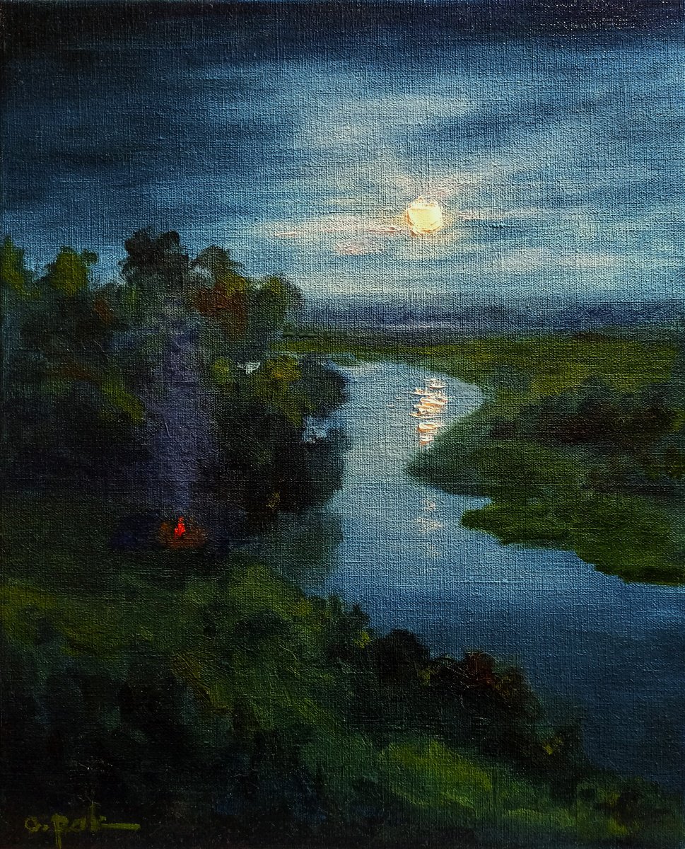 Impressionistic Landscape Oil Painting By Oleh Rak, 16 X 20", Fisherman