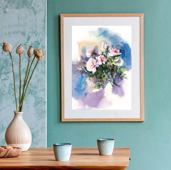 "Melody of a clear sky" bouquet of delicate light pink garden roses impressionism watercolor