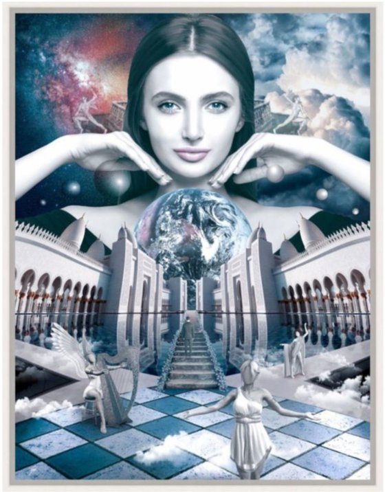 THE PLANET OF ANGELS | Digital Painting printed on Alu-Dibond with white wood frame | Unique Artwork | 2019 | Simone Morana Cyla | 57 x 75 cm | Art Gallery Quality |