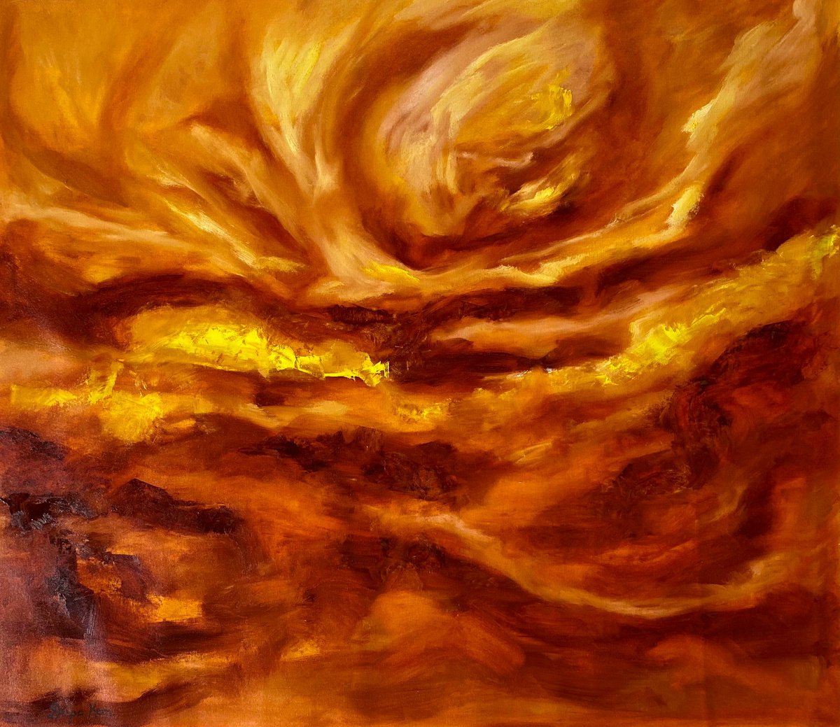 Organic Abstract Oil Painting By Deepa Kern, 39 X 33, Sunset Gold, Original Artwork