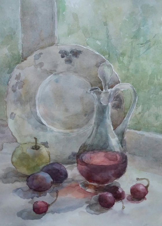 Still life with fruit. Original watercolor painting.