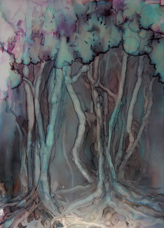 Misty forest. Alcohol Ink abstract painting.