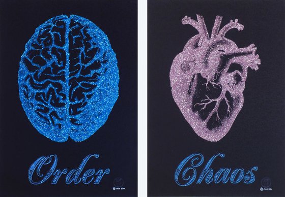 Order Chaos on Embossed Black Paper with Blue and Pink Glitter and Iridescent Lettering