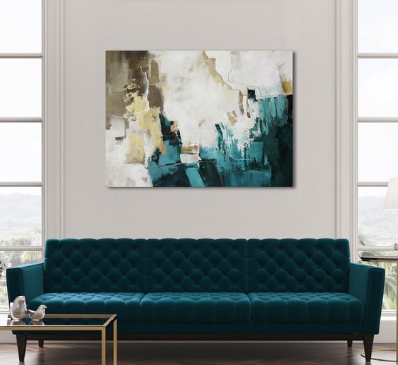 "Teal Flash 2" Abstract teal gold acrylic art