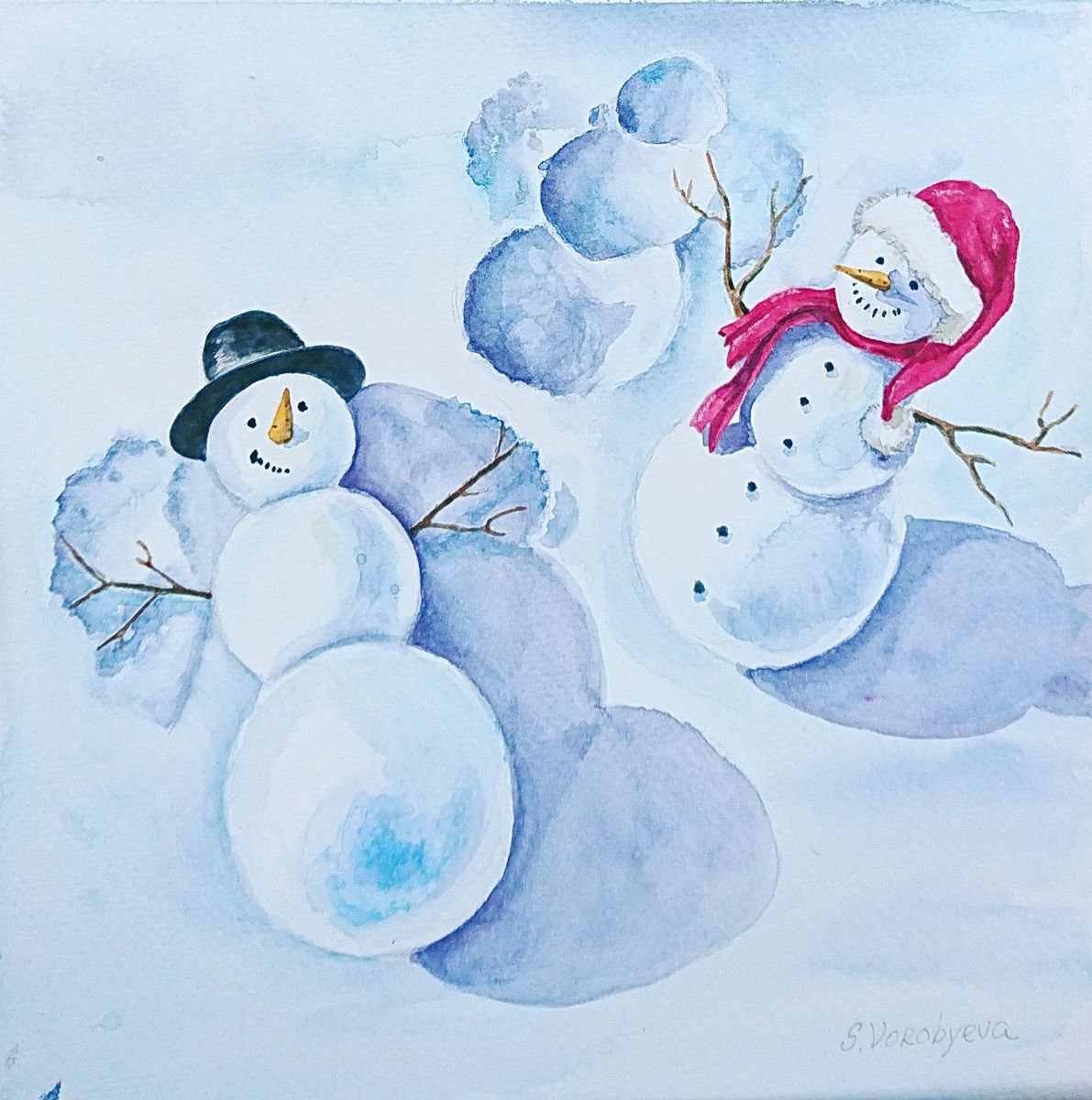 Snowmans party. Watercolor painting by Svetlana Vorobyeva by Svetlana Vorobyeva