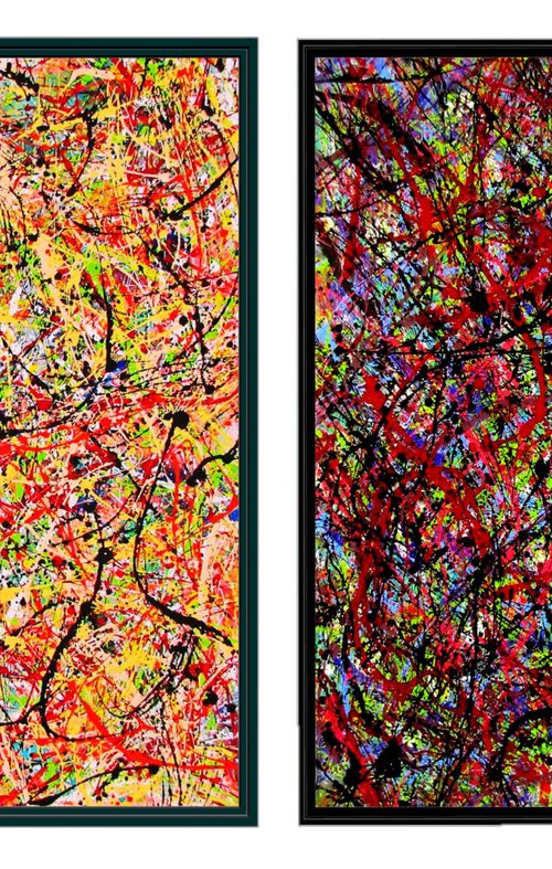 DIPTYCH - CARIBBEAN DAY AND NIGHT, pollock style, framed by Tomaž Gorjanc - Tomo