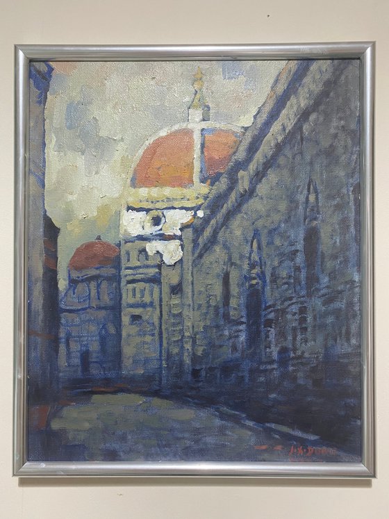 Original Oil Painting Wall Art Artwork Signed Hand Made Jixiang Dong Canvas 25cm × 30cm Cathedral Florence small building Impressionism