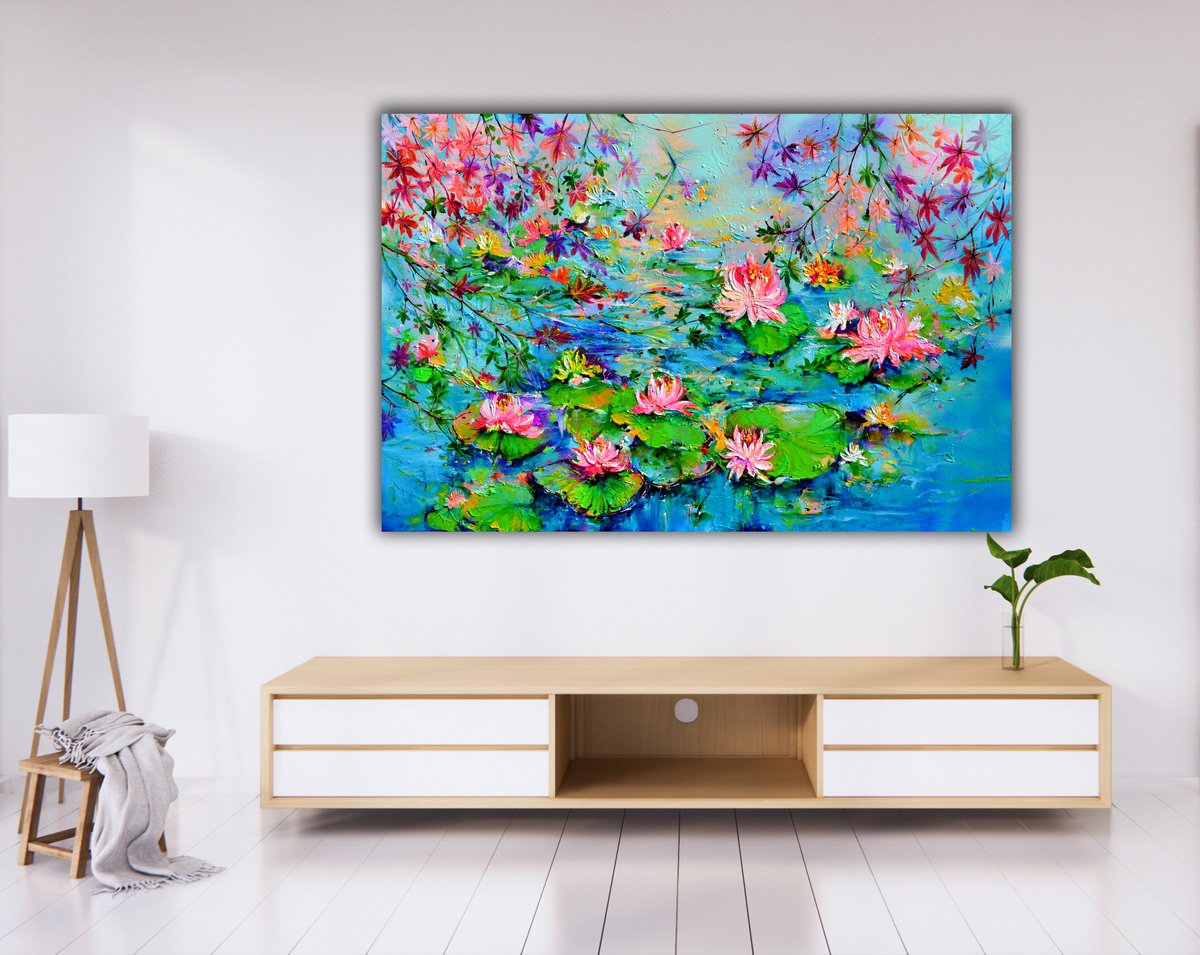 Impressionistic Landscape Acrylic Painting By Soos Roxana Gabriela, 47 X 31", Japanese Maple - Water Lilies, Original Artwork