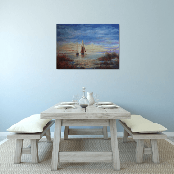 Sunrise in the Bay:linen, oil, 79x109